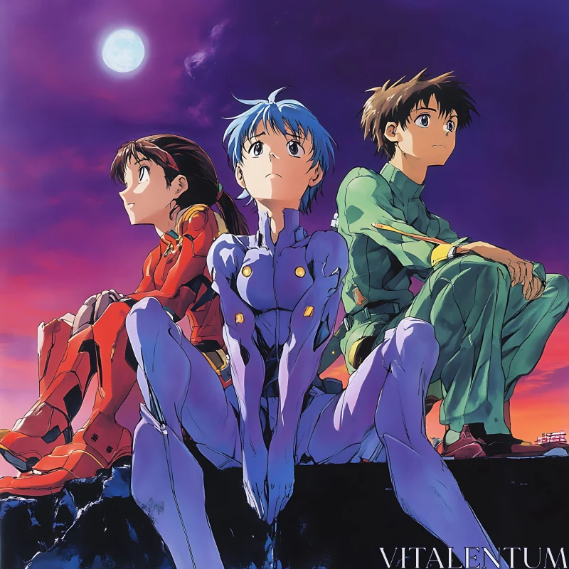 Anime Trio Beneath the Moon AI Image