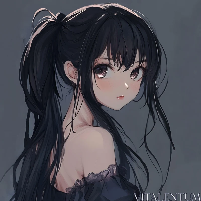 Sad Anime Portrait of a Girl with Long Dark Hair AI Image