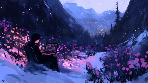 Twilight Coding Session in Snowy Landscape