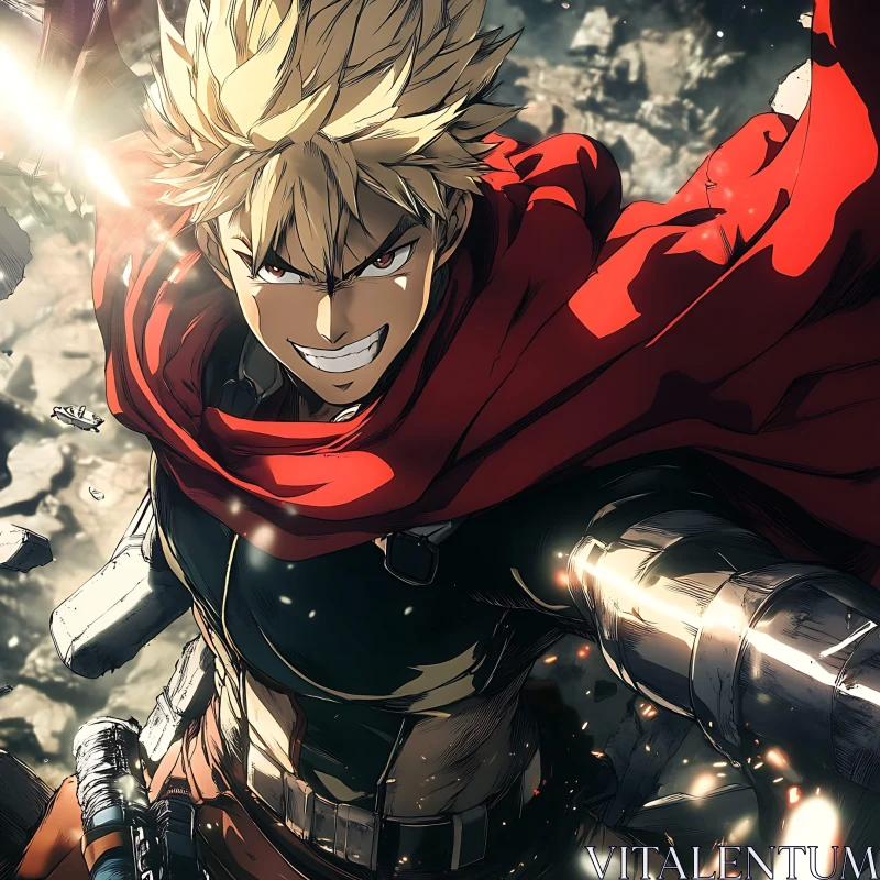 Intense Anime Character with Red Cape in Action AI Image