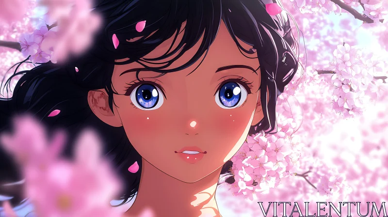 Blue-Eyed Anime Girl with Cherry Blossoms Surrounding AI Image