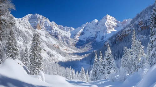 Winter Mountain Scene with Snow Covered Trees