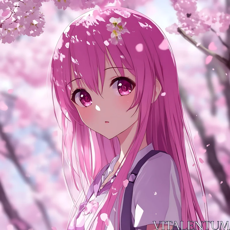 Pink-Haired Anime Girl with Sakura AI Image