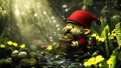 Gnome in Sunlit Forest with Bubbles