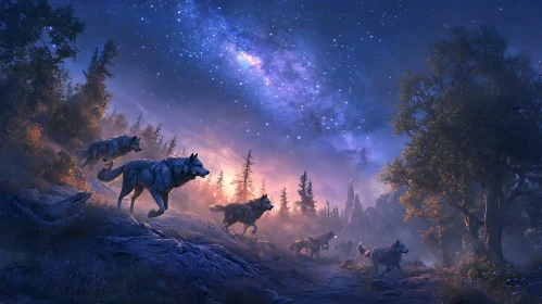 Night wolves pack under stars