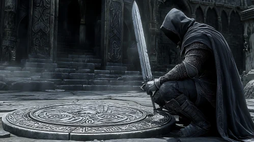 Hooded Warrior with Sword in Dark Environment