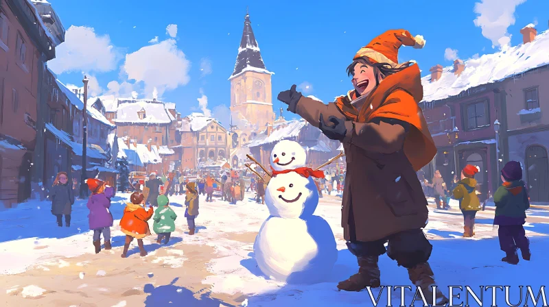 Joyful Winter Scene in a Snowy Town AI Image