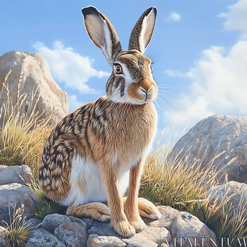 Alert Hare in Natural Habitat Artwork AI Image