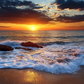 Seascape at Sunset with Waves Crashing