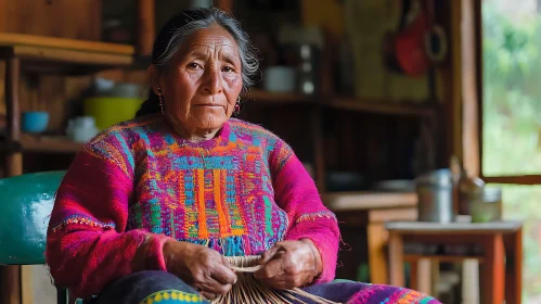 Elderly Woman Weaving Colorful Textile