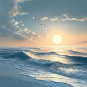 Seascape Sunset with Birds