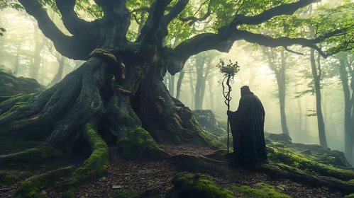 Mystical Forest Encounter with Cloaked Figure