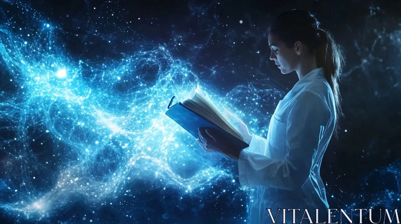 AI ART Woman Reading Glowing Book of Science