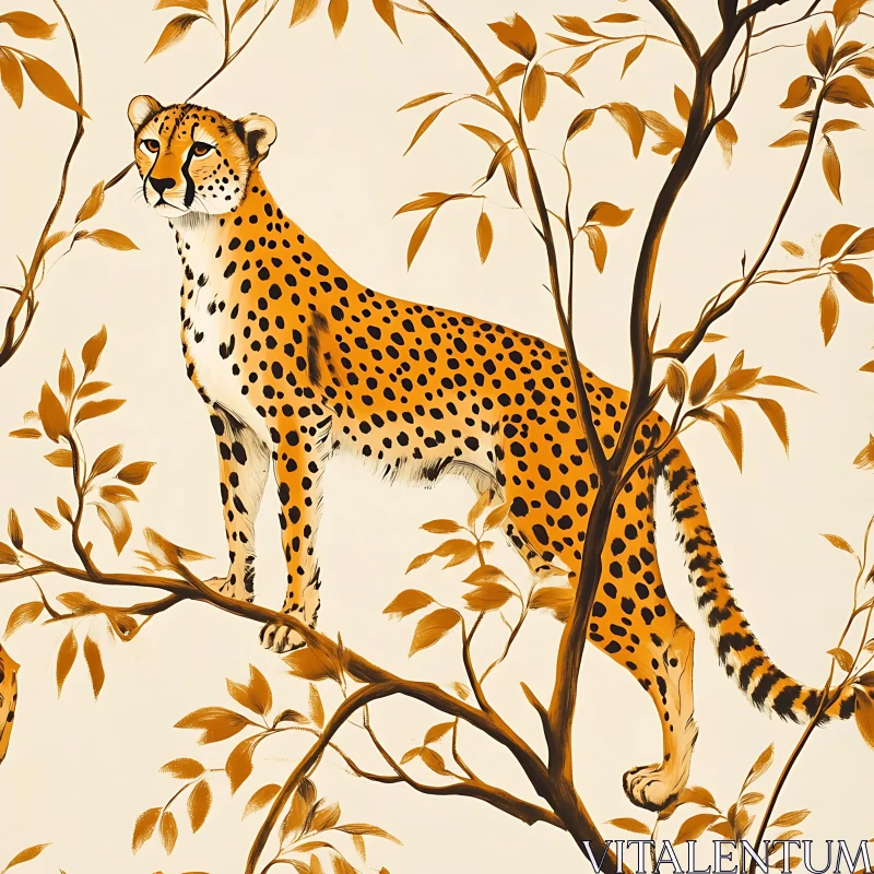 Cheetah in Tree Branches Illustration AI Image