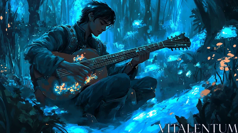 Blue Forest Guitar Serenade AI Image