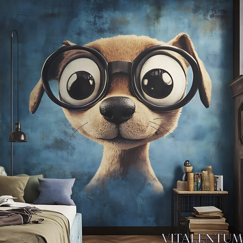 Playful Dog with Glasses in Artistic Bedroom Decor AI Image