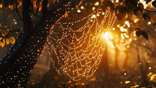 Spiderweb with Dewdrops in Morning Light