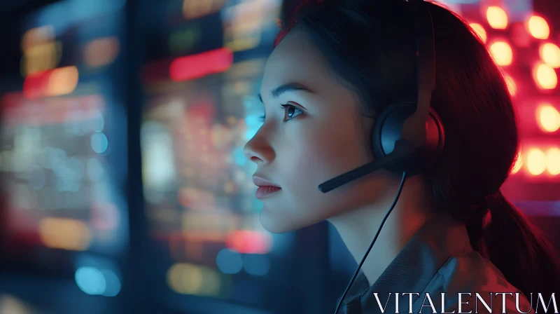 Woman Concentrating with Headphones AI Image