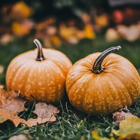 Two Pumpkins Surrounded by Autumn Leaves