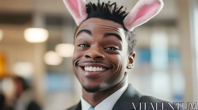 Festive Man Smiling with Easter Bunny Ears AI Image