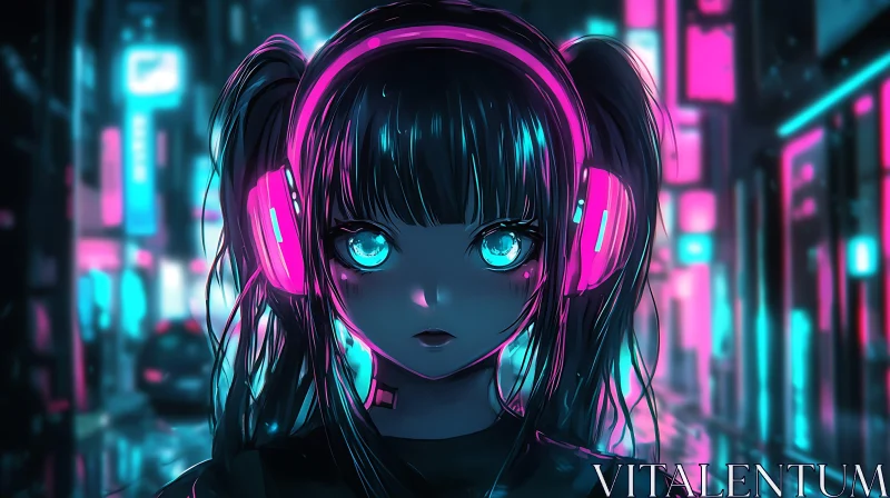 Cyberpunk Anime Art with Neon Headphones AI Image