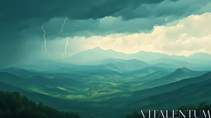 Serene Mountain Landscape with Approaching Storm AI Image