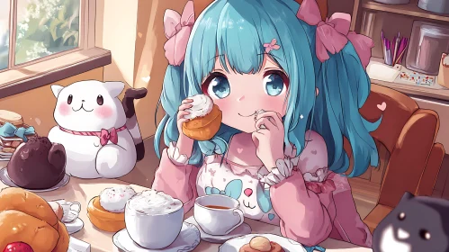 Cute Anime Girl and Desserts