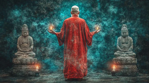 Monk in Contemplation Between Buddha Figures