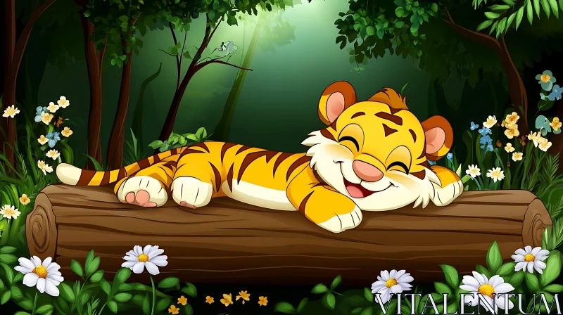 Cartoon Tiger Asleep on Log AI Image