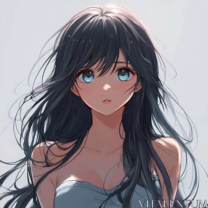 Anime Girl in Wind - Elegant Portrait with Blue Eyes AI Image