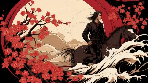Comic Book Art: Man on Horseback Amidst Blossoming Trees