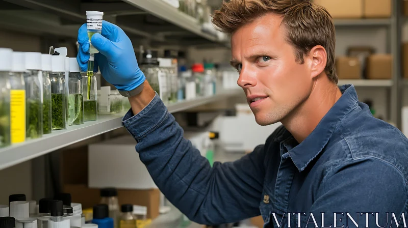 Lab Researcher Examining Green Solution AI Image