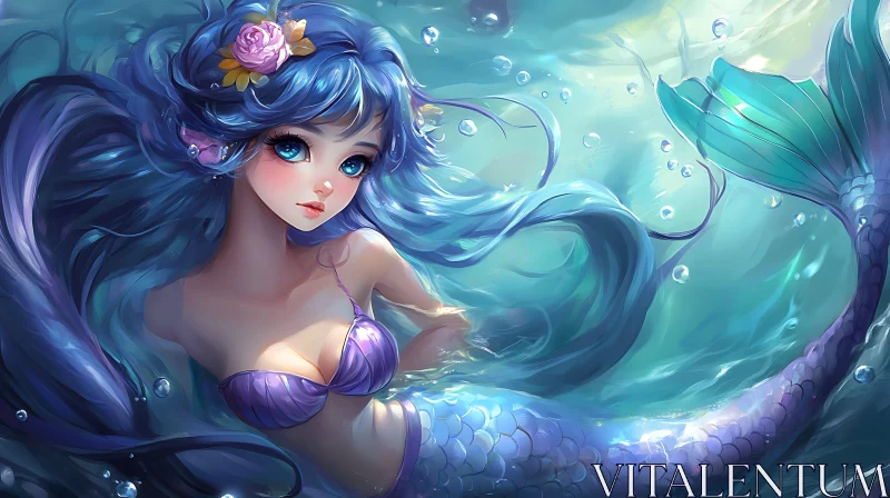 Magical Mermaid in the Depths of the Ocean AI Image