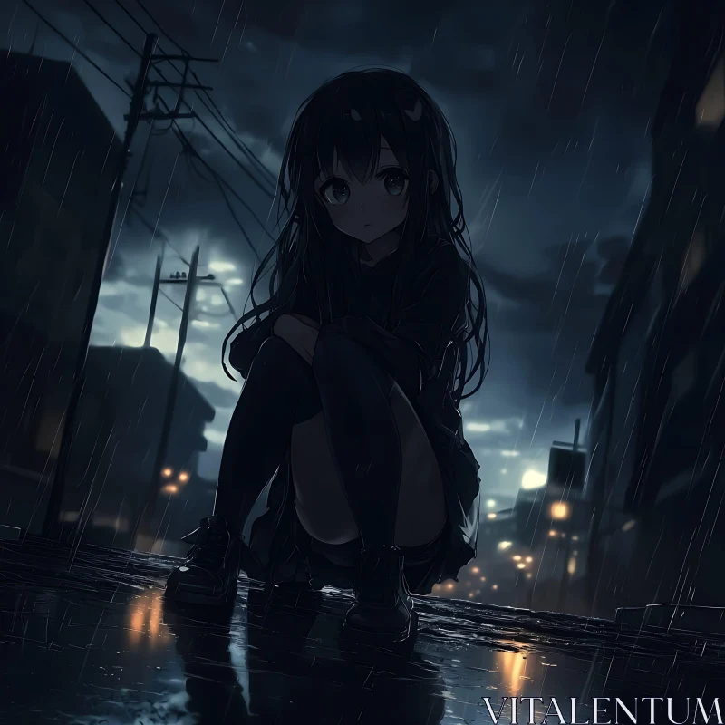 Anime Figure Alone in Rainy Urban Setting AI Image