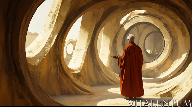 AI ART Contemplative Monk in Beige Tunnel