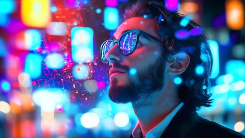 Man Immersed in Neon Virtual World