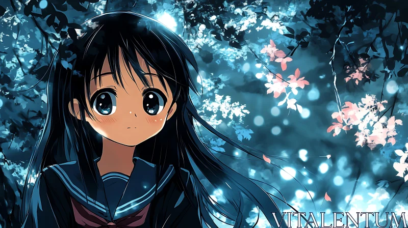 Anime Girl Amidst Glowing Forest AI Image