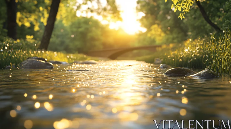 Tranquil River Landscape at Sunset with Bridge AI Image