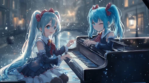 Twins with Blue Hair Playing Piano in the Evening