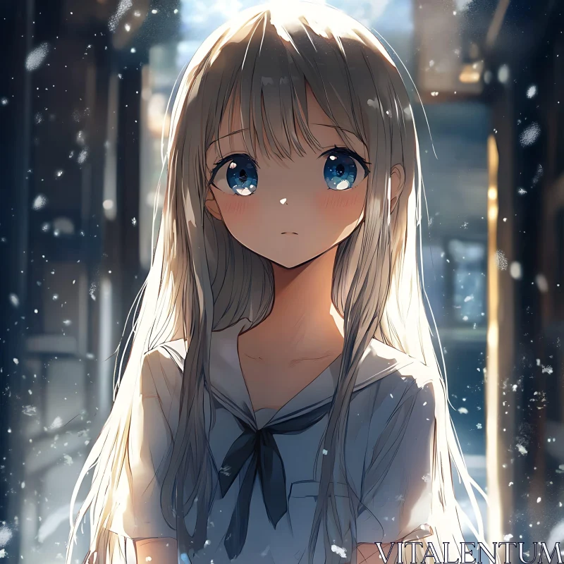 Blonde Anime Girl Amidst Winter Snowflakes AI Image