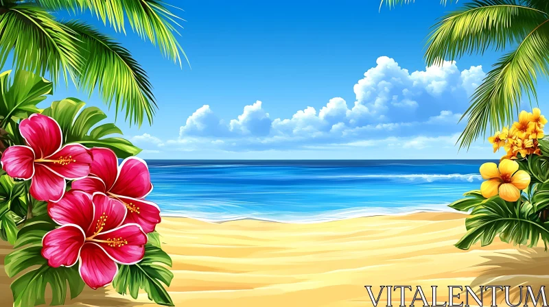 Serene Beach with Hibiscus and Palm Trees AI Image