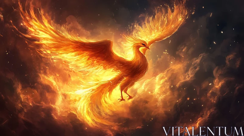 Fiery Phoenix Soaring Above Clouds AI Image