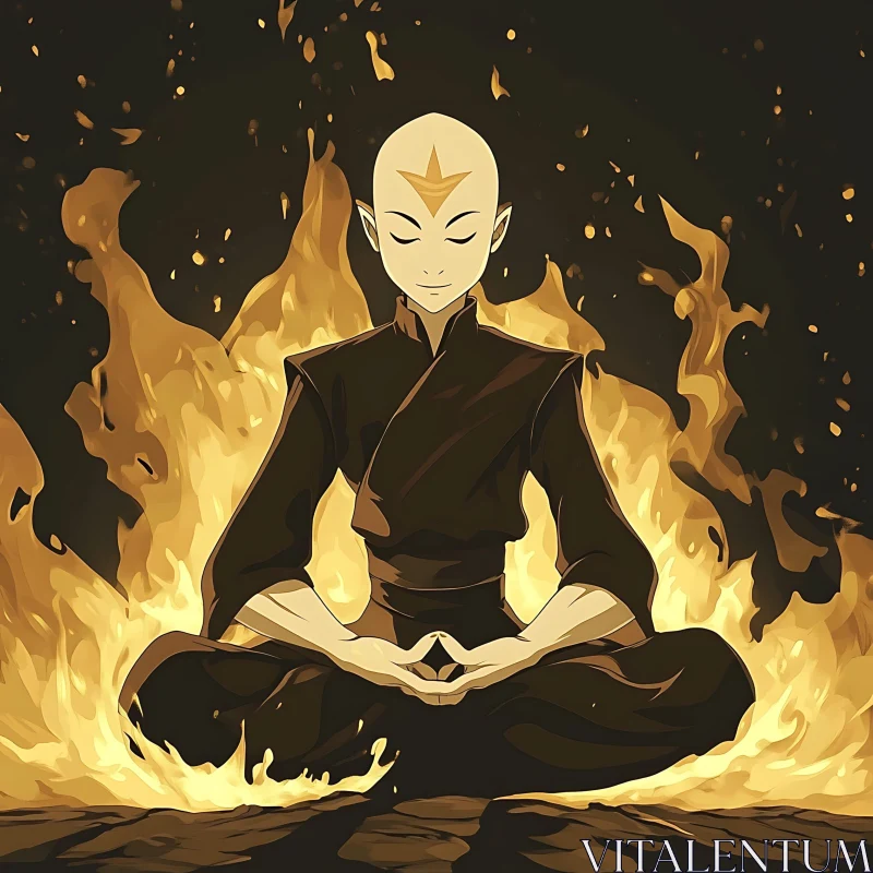 Serene Meditation Amidst Roaring Flames AI Image