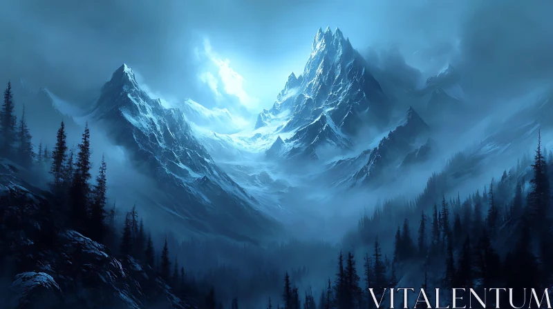 Misty Mountains and Forest Vista AI Image