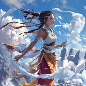 Adventurous Woman in a Windy Mountain Scene