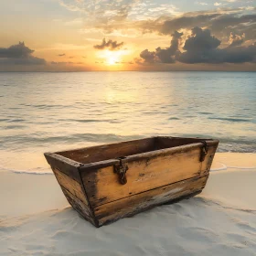 Wooden Boat on Beach at Sunset