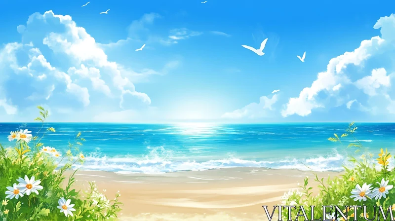 AI ART Peaceful Seascape with Flowers and Birds