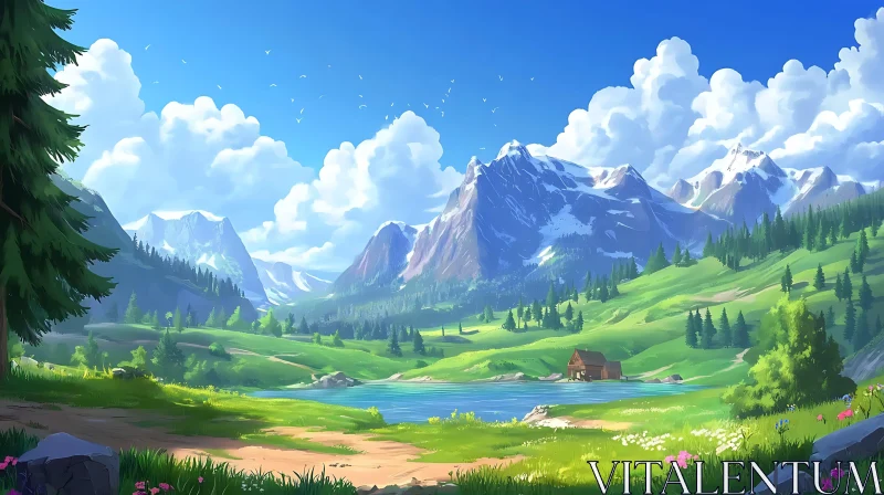 AI ART Peaceful Mountain Scenery with Lake and Cabin