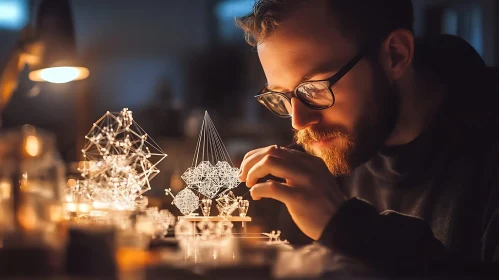 Man Creates Geometric Art Under Warm Light
