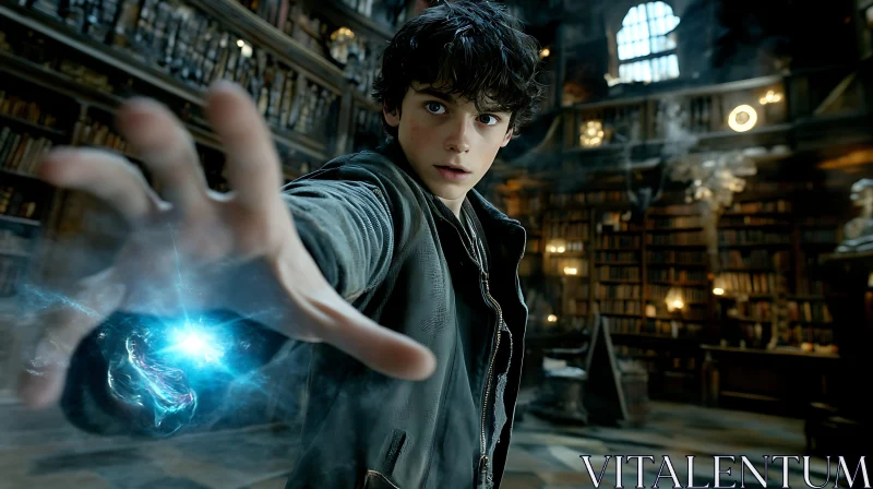 Young Wizard Casting Spell in Library AI Image